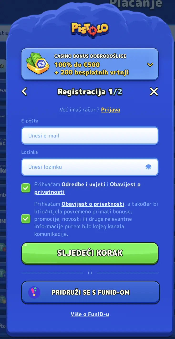 Registracija na Pistolo Casino – unos e-mail adrese, lozinke i prihvaćanje uvjeta